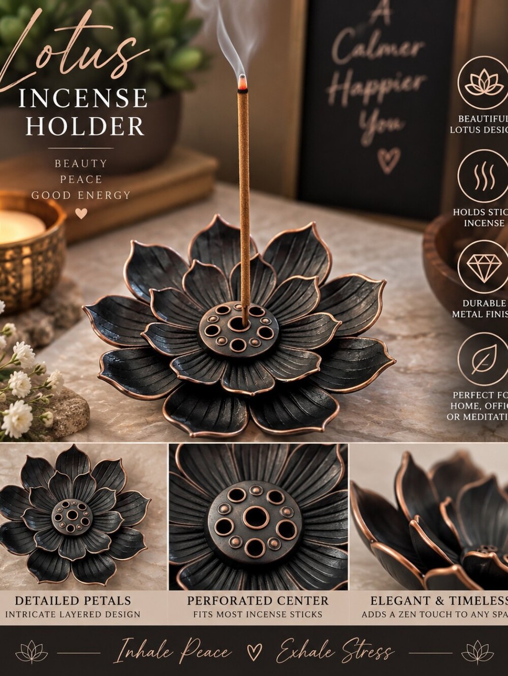 Lotus Incense Holder Black & Copper